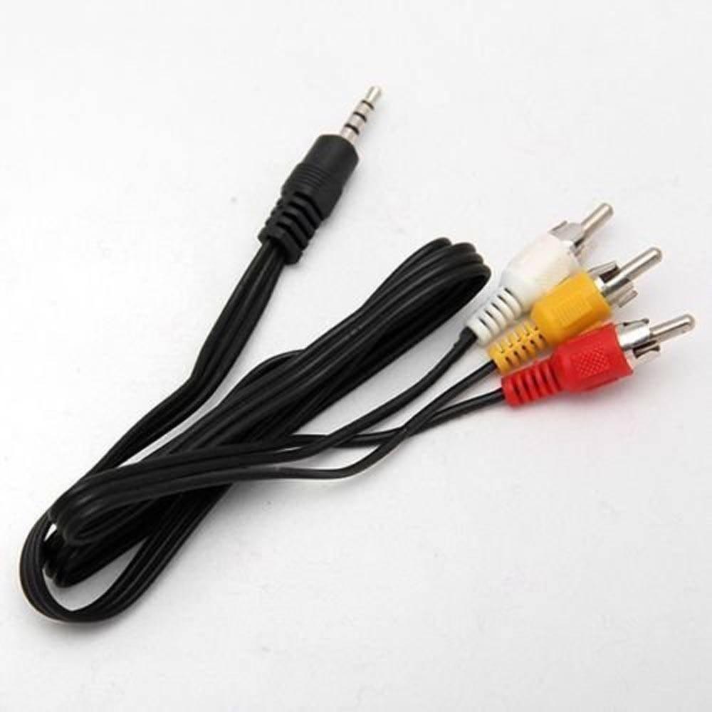 RCA Male To 3.5mm Male Jack Composite Audio Video A/v Cable - a black 3.5mm jack connected to red, yellow, and white RCA male connectors.