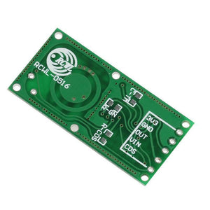 Rcwl 0516 Microwave Radar Sensor Module - the green rectangular circuit board with labeled pins for 3V3, GND, OUT, VIN, and CDS.