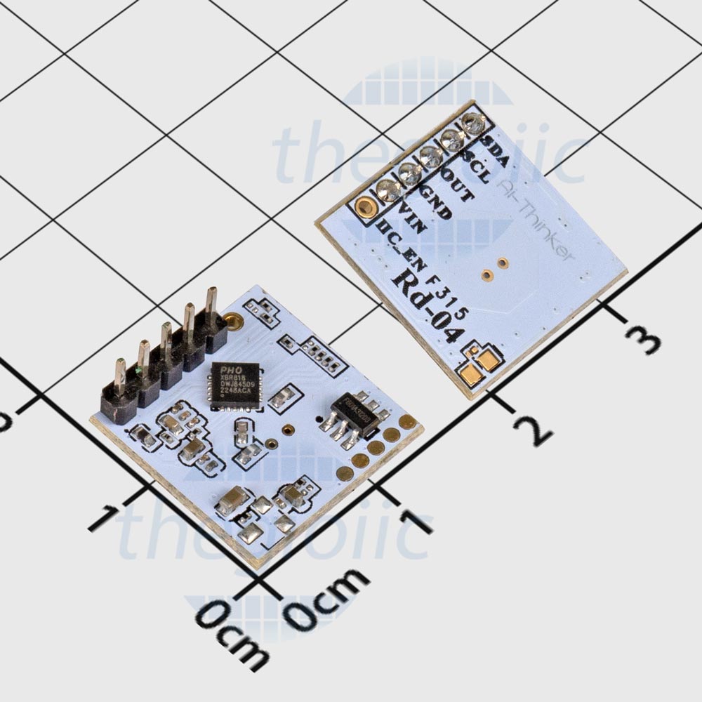 Rd-04 AI-thinker 3-3.6V Human Presence Sensor Radar 10.525GHz - the blue circuit board with a six-pin header and labeled ports on a grid background.