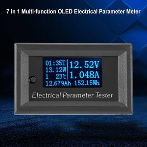 RD27M 33V 3A 7 In 1 Universal Voltmeter Ammeter Electrical Parameter Tester - a black rectangular device with an OLED screen displaying voltage, current, power, time, and temperature.