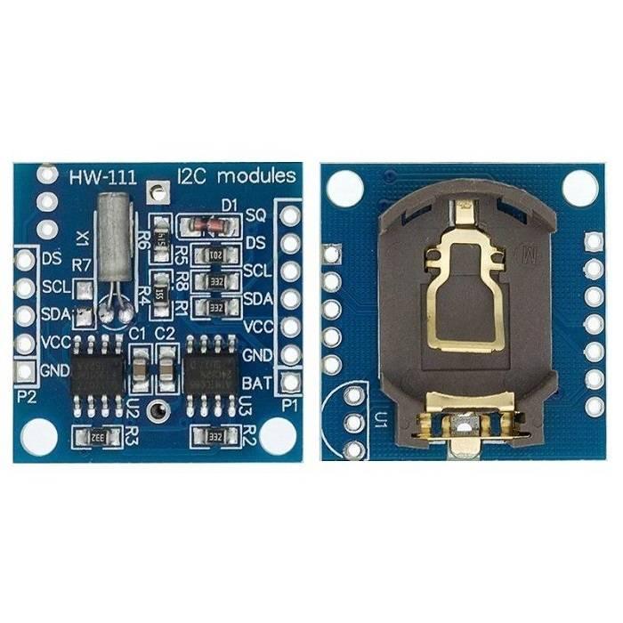 Real Time Clock DS1307 Ds 1307 RTC I2c Module AT24C32 - a blue circuit board with a battery holder on the back and pins labeled SQ, DS, SCL, SDA, VCC, GND, BAT.