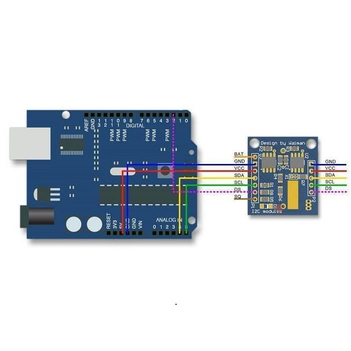 Real Time Clock DS1307 Ds 1307 RTC I2c Module AT24C32 - shown connected to an Arduino Uno board with colored jumper wires between their respective pin headers.