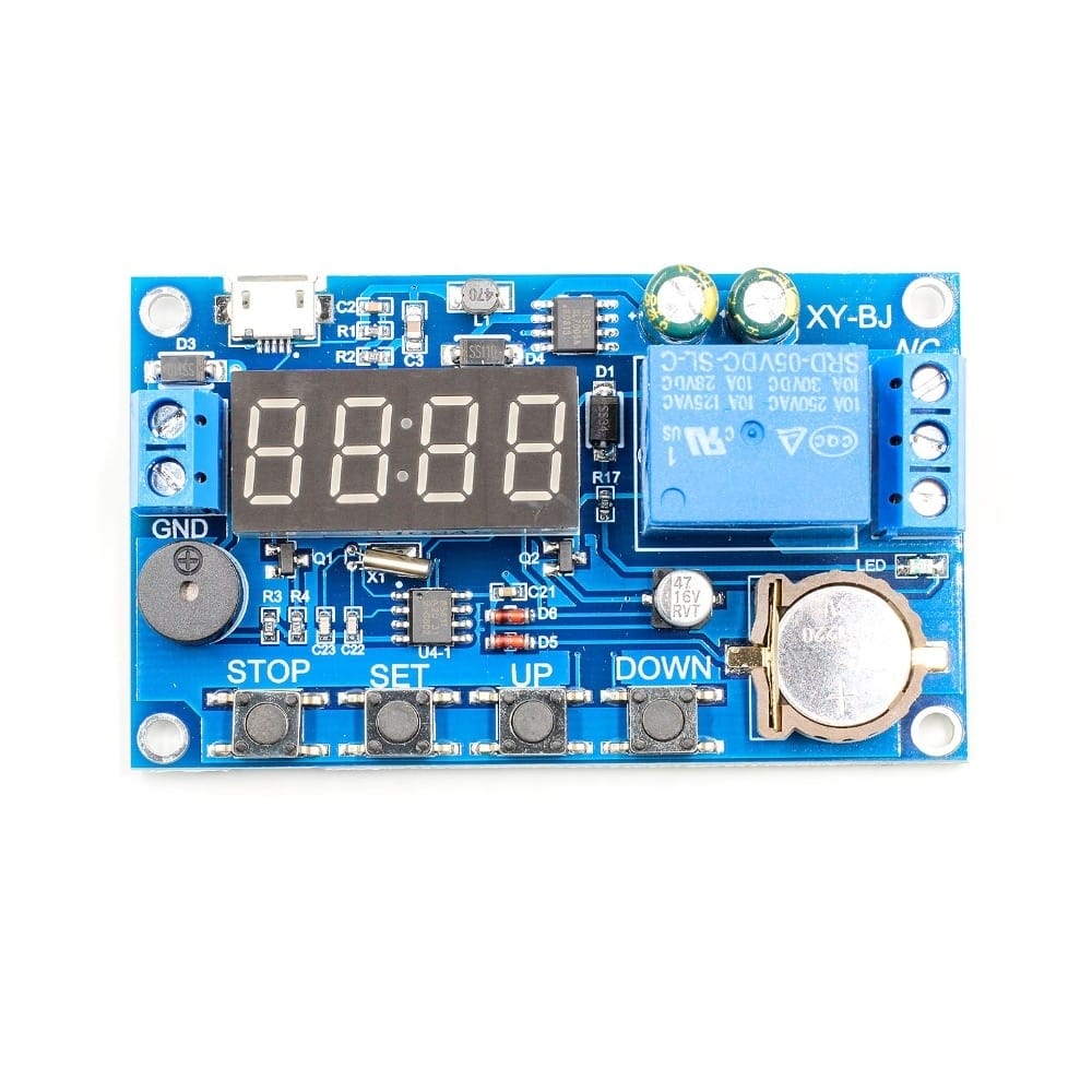 Real-time Timing Switch Relay Module Control Clock Synchronization Delay Timer Controller Board DC 5V Buy - a blue rectangular circuit board featuring a four-digit display, a relay, four buttons, and a coin cell battery.