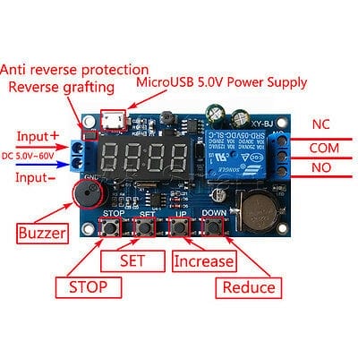 Real-time Timing Switch Relay Module Control Clock Synchronization Delay Timer Controller Board DC 5V Buy - a blue circuit board with a four-digit display, four push buttons, a buzzer, a relay, and labeled input/output ports.