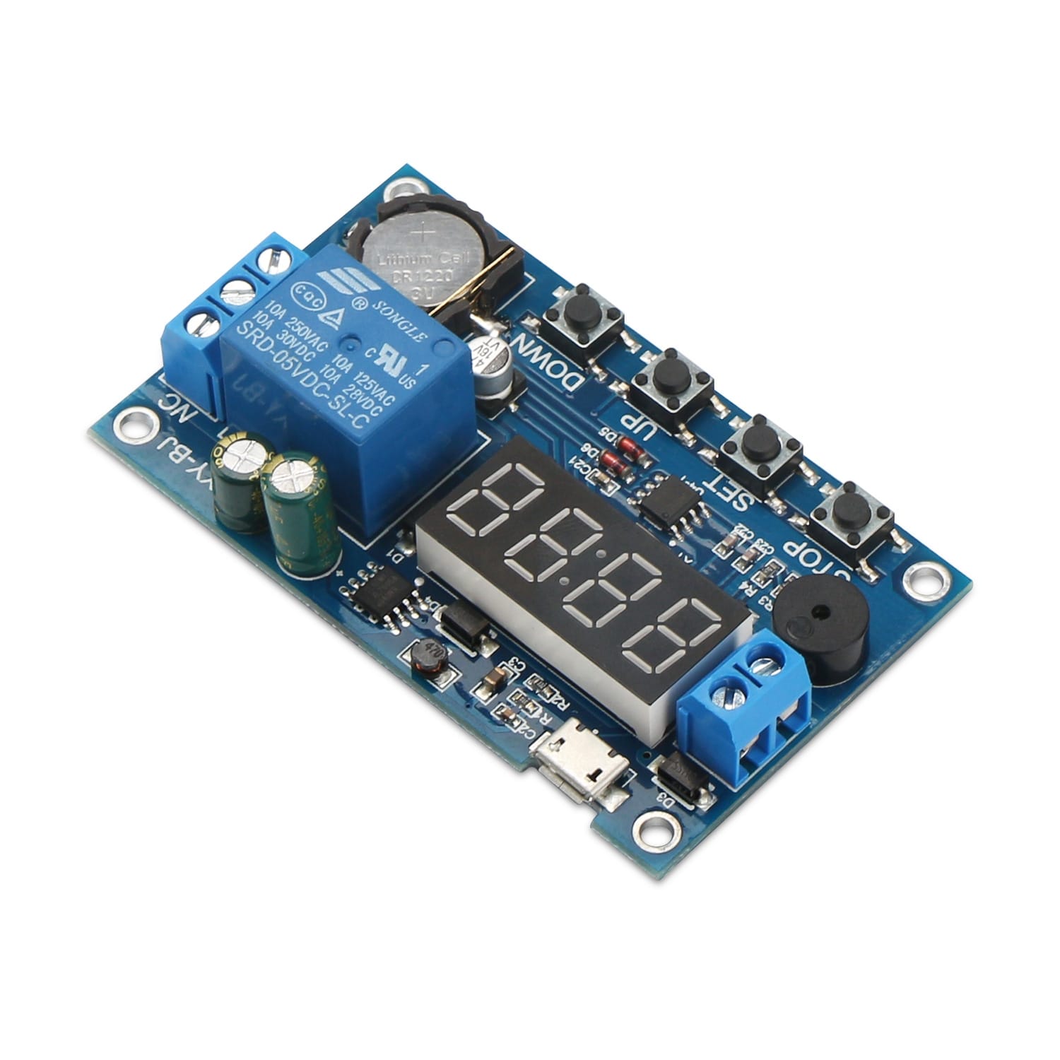 Real-time Timing Switch Relay Module Control Clock Synchronization Delay Timer Controller Board DC 5V Buy - with a blue circuit board, a four-digit seven-segment display, a relay, four buttons, and a coin cell battery holder.