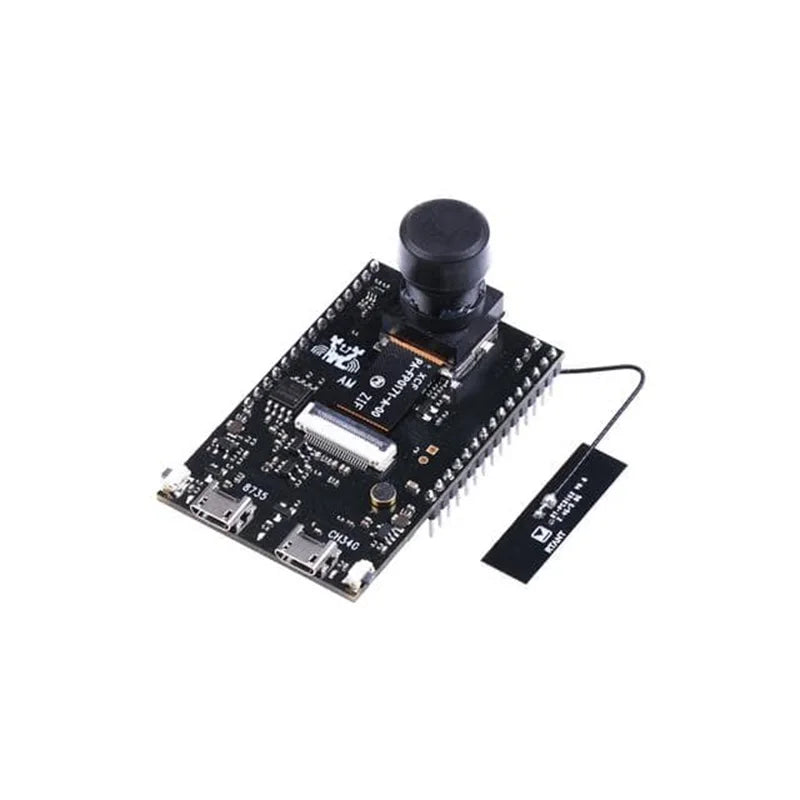 REALTEK AMB82 MINI IOT AI CAMERA Original High Quality Development Boards kit - with a mounted camera lens, two micro-USB ports, and an external antenna.