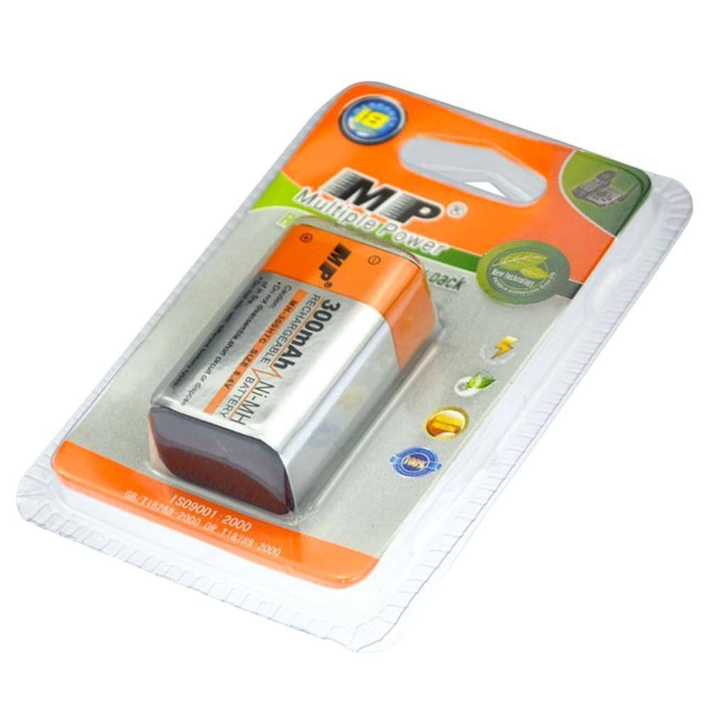 Rechargeable 9 Volt battery MP 9V battery 300mAh - in its original orange and white plastic blister packaging.