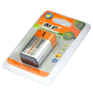Rechargeable 9 Volt battery MP 9V battery 300mAh - in its original orange and white plastic blister packaging.