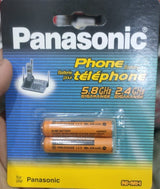 Rechargeable AAA 1.2V Cell By Panasonic - shown in its original retail packaging containing two orange Ni-MH batteries for cordless phones.