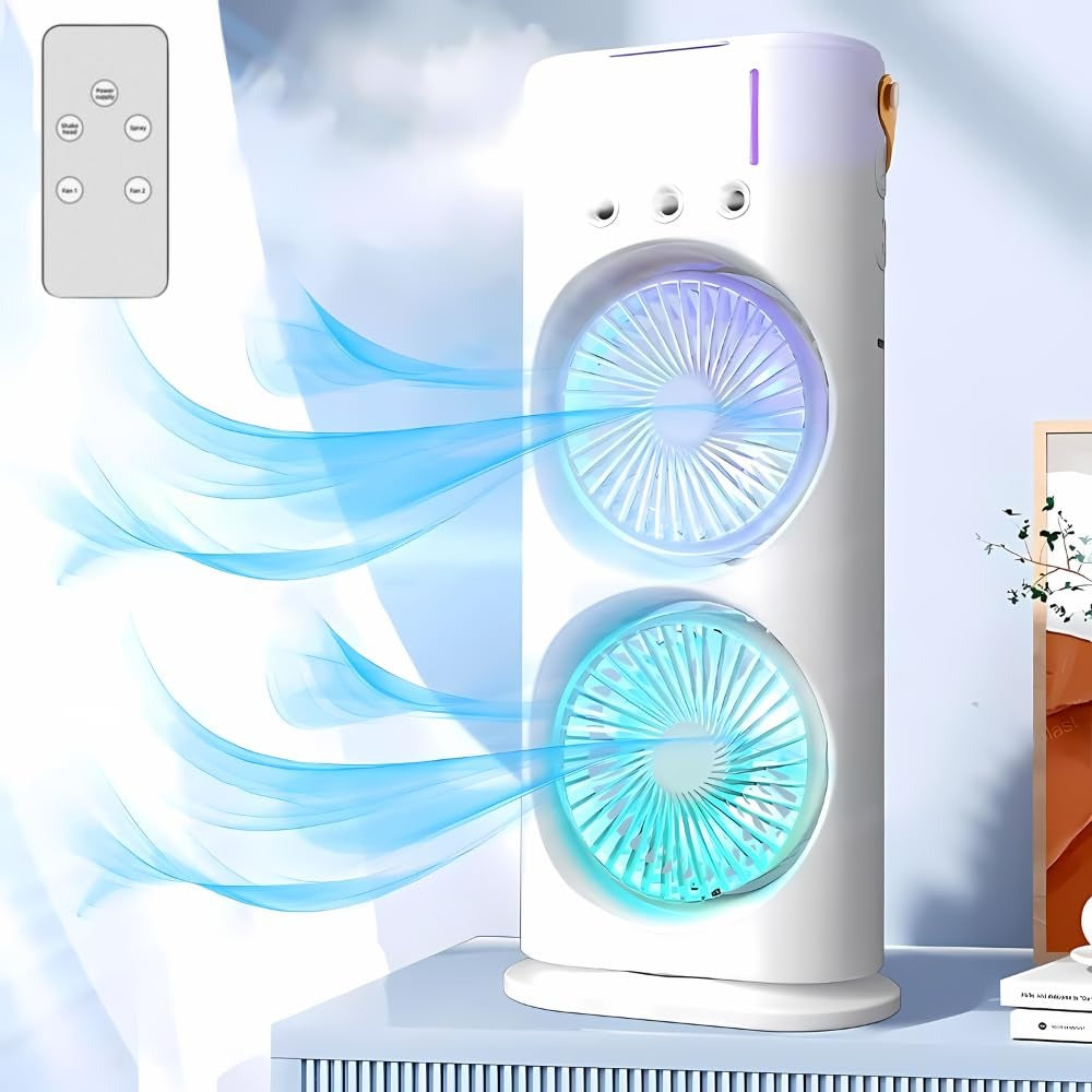 Rechargeable Automatic Rotating Dual Double Spray Mist Fan with Lightening Effects (with Box Packing) - a white, vertical dual-fan device with glowing lights, top buttons, and a remote controller.