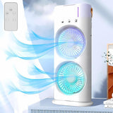 Rechargeable Automatic Rotating Dual Double Spray Mist Fan with Lightening Effects (with Box Packing) - a white, vertical dual-fan device with glowing lights, top buttons, and a remote controller.