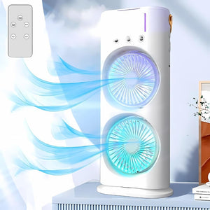 Rechargeable Automatic Rotating Dual Double Spray Mist Fan with Lightening Effects (with Box Packing) - a white, vertical dual-fan device with glowing lights, top buttons, and a remote controller.