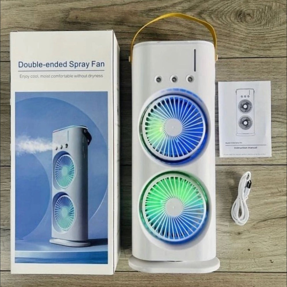 Rechargeable Automatic Rotating Dual Double Spray Mist Fan with Lightening Effects (with Box Packing) - shown with its retail box, instruction manual, and USB charging cable.