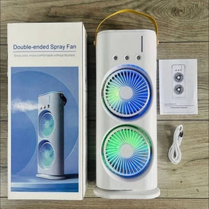 Rechargeable Automatic Rotating Dual Double Spray Mist Fan with Lightening Effects (with Box Packing) - shown with its retail box, instruction manual, and USB charging cable.