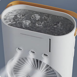 Rechargeable Automatic Rotating Dual Double Spray Mist Fan with Lightening Effects (with Box Packing) - white portable misting fan with an open top water reservoir.