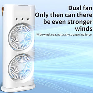 Rechargeable Automatic Rotating Dual Double Spray Mist Fan with Lightening Effects (with Box Packing) - white, vertical dual-fan unit with three circular buttons.
