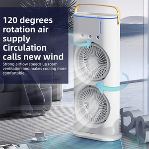 Rechargeable Automatic Rotating Dual Double Spray Mist Fan with Lightening Effects (with Box Packing) - a white, vertical dual-fan device with a gold handle and three top-mounted control buttons.