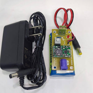 Rechargeable Battery Pack For Arduino And Robot Power Supply With Charger - a blue battery pack with a circuit board, power switch, and AC adapter.