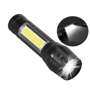 Rechargeable COB Light Flashlight - black, with a side COB panel, a front LED lens, and zoom markings on the head, plus a circular inset showing light.