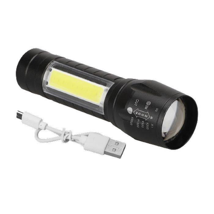 Rechargeable COB Light Flashlight - a black handheld torch with a side-mounted COB light, zoom markings, and an included white USB charging cable.