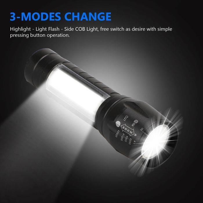 Rechargeable COB Light Flashlight - a black handheld torch with a side COB panel and a front lens, both illuminated, with zoom markings visible.
