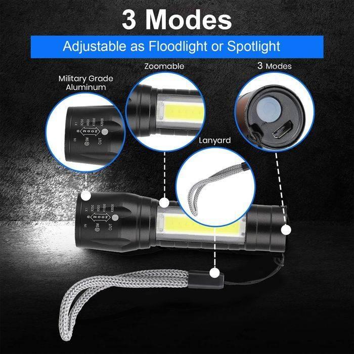 Rechargeable COB Light Flashlight - zoomable head, side COB light, lanyard, and rear charging port in a multi-view product diagram.