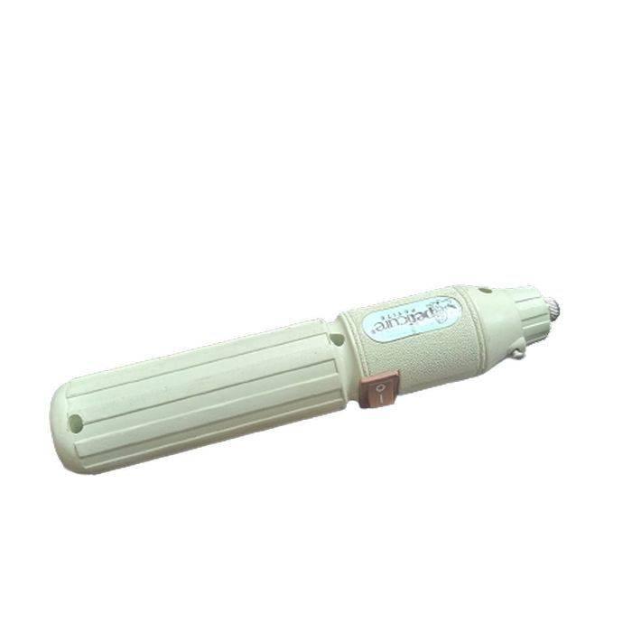 Rechargeable Drill Machine 5V DC Powered Mini Hand Held Used Condition - a light-colored handheld device with a textured grip and a brown power switch on the side.