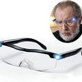 Rechargeable LED Magnifying Glasses - shown as a black, rimless frame with integrated LED lights on the temples, with an inset showing a man wearing them.
