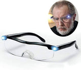 Rechargeable LED Magnifying Glasses - shown as a black, rimless frame with integrated LED lights on the temples, with an inset showing a man wearing them.