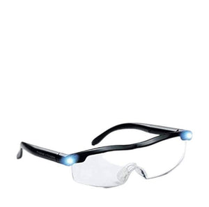 Rechargeable LED Magnifying Glasses - shown as black-framed spectacles with clear lenses and two small, illuminated blue LED lights on the outer hinges.