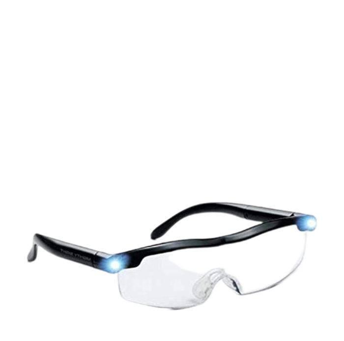 Rechargeable LED Magnifying Glasses - shown as black-framed spectacles with clear lenses and two small, illuminated blue LED lights on the outer hinges.
