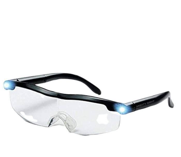 Rechargeable LED Magnifying Glasses - shown as a pair of black-framed glasses with clear lenses and two small, illuminated LED lights on the side hinges.