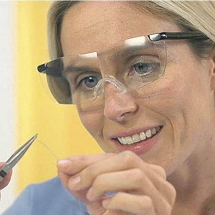 Rechargeable LED Magnifying Glasses - shown being worn by a person holding a small wire with tweezers, featuring clear lenses and a black frame.
