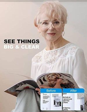 Rechargeable LED Magnifying Glasses - shown on an older woman reading a magazine, demonstrating a before and after view of magnified text.
