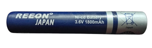 Rechargeable Ni-Cd Battery 3.6V 1800mAh - a blue cylindrical battery labeled REEON JAPAN with a recycling symbol on the silver end.