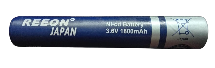 Rechargeable Ni-Cd Battery 3.6V 1800mAh - a blue cylindrical battery labeled REEON JAPAN with a recycling symbol on the silver end.