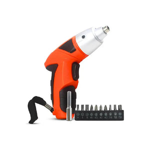 Rechargeable TY001 4.8V 200RPM Cordless Electric Screwdriver Drill Set - with a silver chuck, a bit extension, and a set of bits.