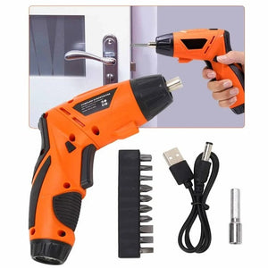 Rechargeable TY001 4.8V 200RPM Cordless Electric Screwdriver Drill Set - with an orange drill, a bit set, a USB charging cable, and an extension bit.