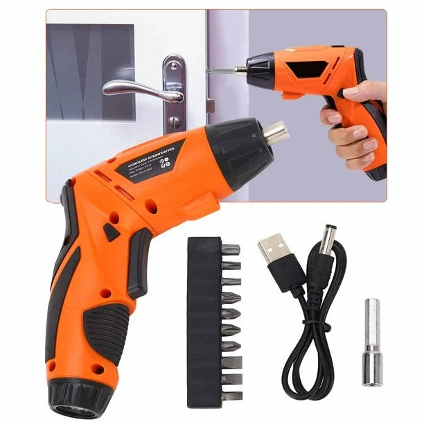 Rechargeable TY001 4.8V 200RPM Cordless Electric Screwdriver Drill Set - with an orange drill, a bit set, a USB charging cable, and an extension bit.