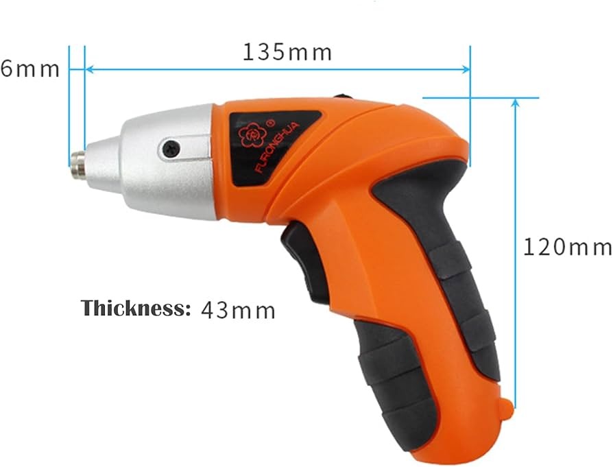 Rechargeable TY001 4.8V 200RPM Cordless Electric Screwdriver Drill Set - an orange and black handheld tool shown with dimension lines indicating 135mm, 6mm, and 43mm.