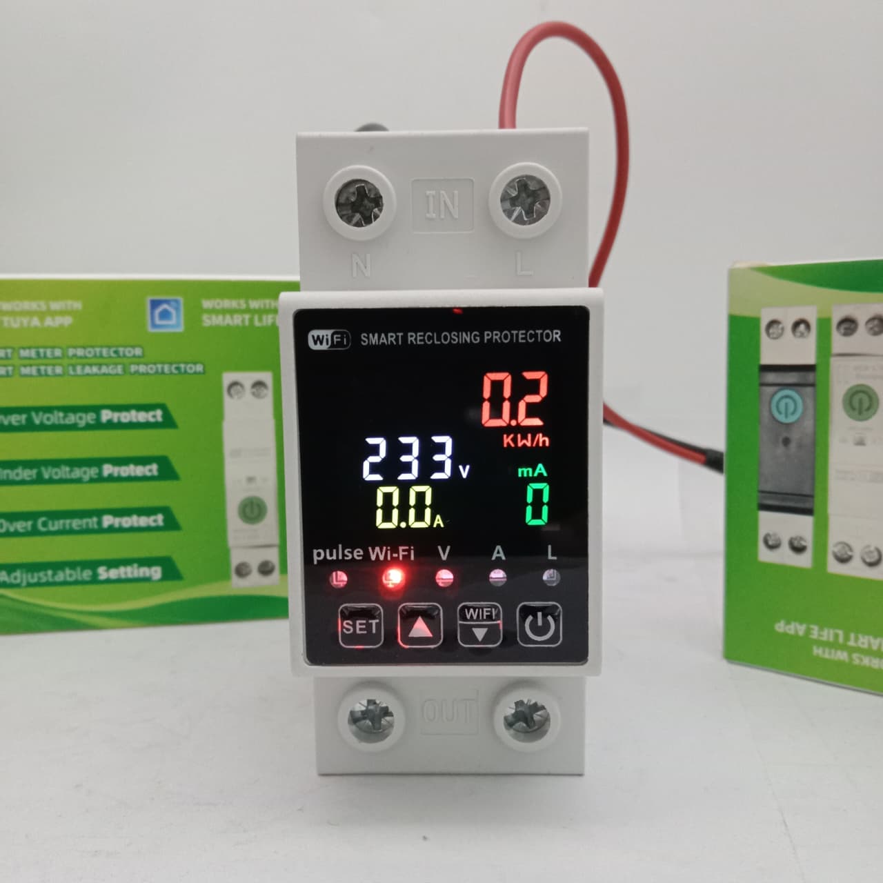 Reclose Programmable 63A WiFi Breaker Switch Smart Home Circuit Breaker 2 Pole - a white, dual-pole device with a digital display reading 233V, 0.0A, and 0.2 kW/h between two boxes.