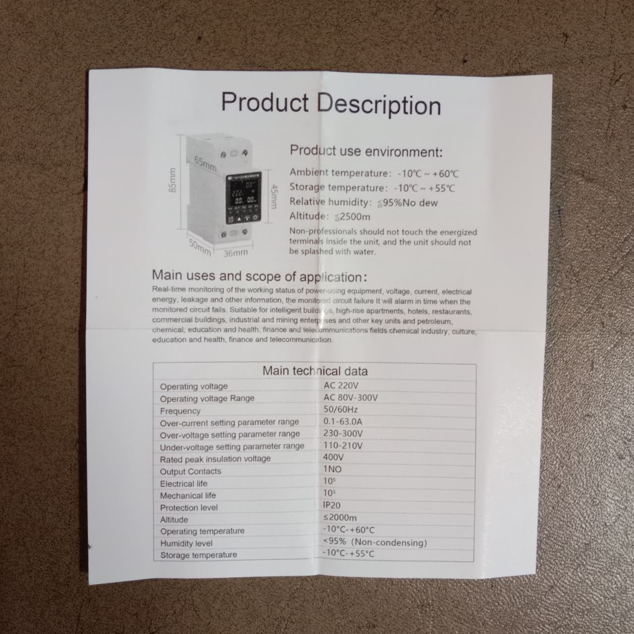 Reclose Programmable 63A WiFi Breaker Switch Smart Home Circuit Breaker 2 Pole - product manual showing technical specifications, environmental conditions, and a diagram with dimensions.