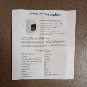 Reclose Programmable 63A WiFi Breaker Switch Smart Home Circuit Breaker 2 Pole - product manual showing technical specifications, environmental conditions, and a diagram with dimensions.