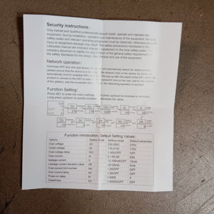 Reclose Programmable 63A WiFi Breaker Switch Smart Home Circuit Breaker 2 Pole - a diagram of settings and a table of default parameters on a white paper sheet.