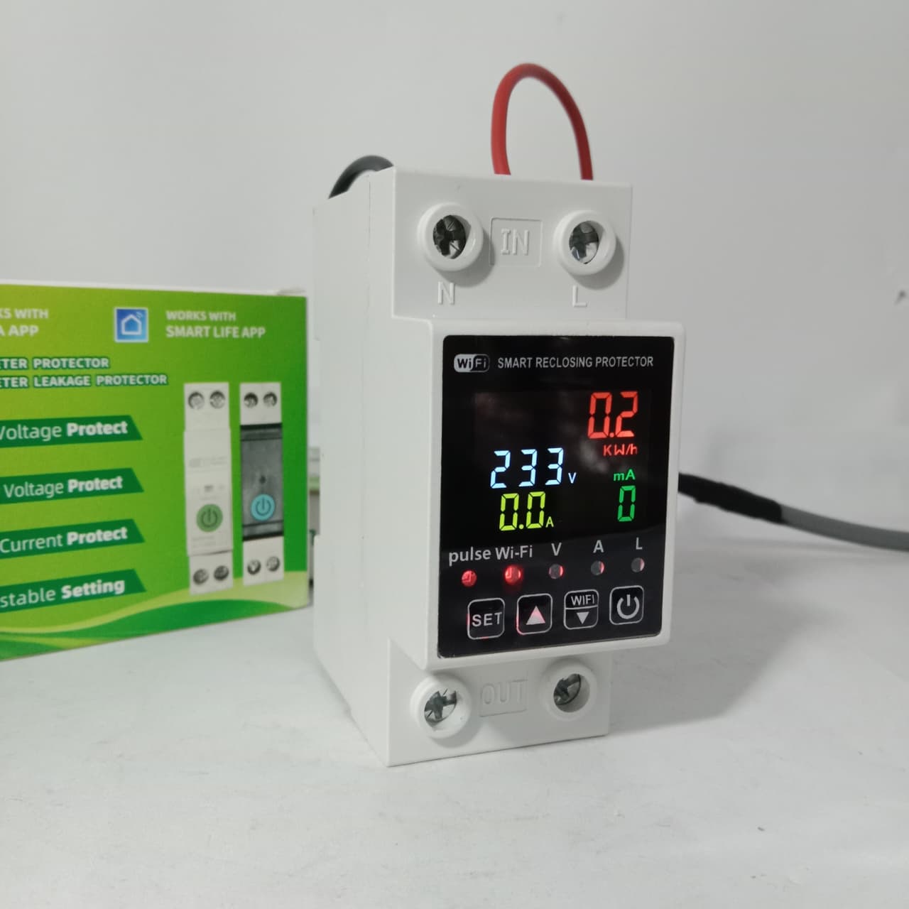 Reclose Programmable 63A WiFi Breaker Switch Smart Home Circuit Breaker 2 Pole - a white digital device with a lit screen displaying 233V and 0.0A next to its green retail box.