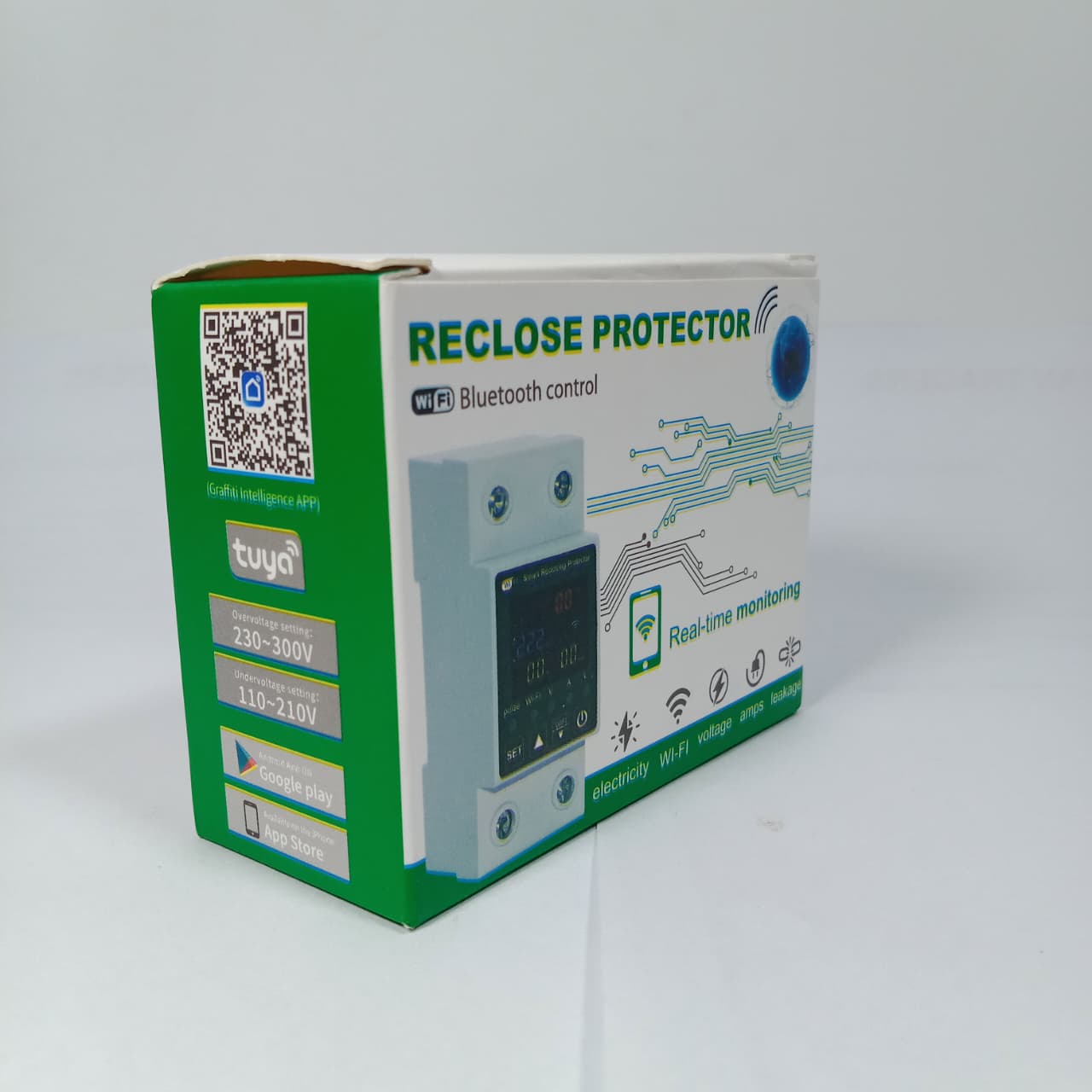 Reclose Programmable 63A WiFi Breaker Switch Smart Home Circuit Breaker 2 Pole - shown in its green and white product packaging box with a QR code and technical specifications printed.