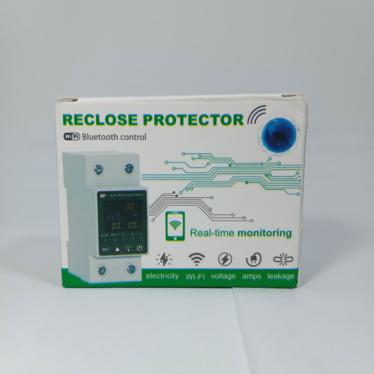 Reclose Programmable 63A WiFi Breaker Switch Smart Home Circuit Breaker 2 Pole - shown in its white product packaging box featuring a graphic of the device with a digital display.