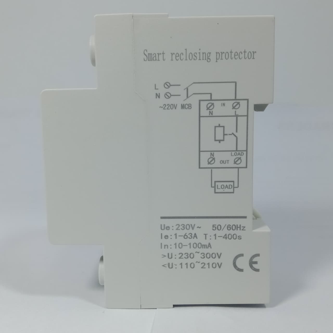 Reclose Programmable 63A WiFi Breaker Switch Smart Home Circuit Breaker 2 Pole - a white modular device showing a wiring diagram, terminal ports, and electrical specifications printed on it.
