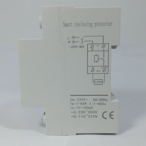 Reclose Programmable 63A WiFi Breaker Switch Smart Home Circuit Breaker 2 Pole - a white modular device showing a wiring diagram, terminal ports, and electrical specifications printed on it.