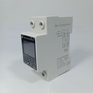 Reclose Programmable 63A WiFi Breaker Switch Smart Home Circuit Breaker 2 Pole - a white DIN-rail mount device with a digital display, front control buttons, and wiring diagram on the side.